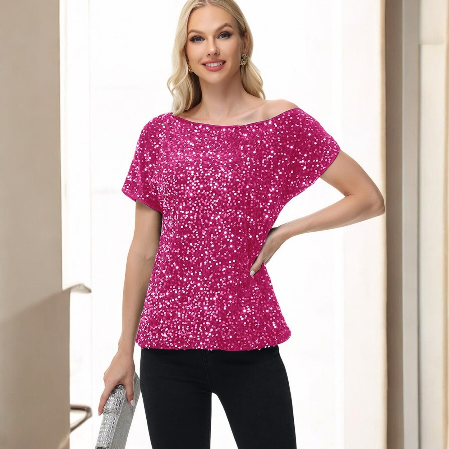 Off-Shoulder Sequin Short Sleeve Top with Relaxed Fit