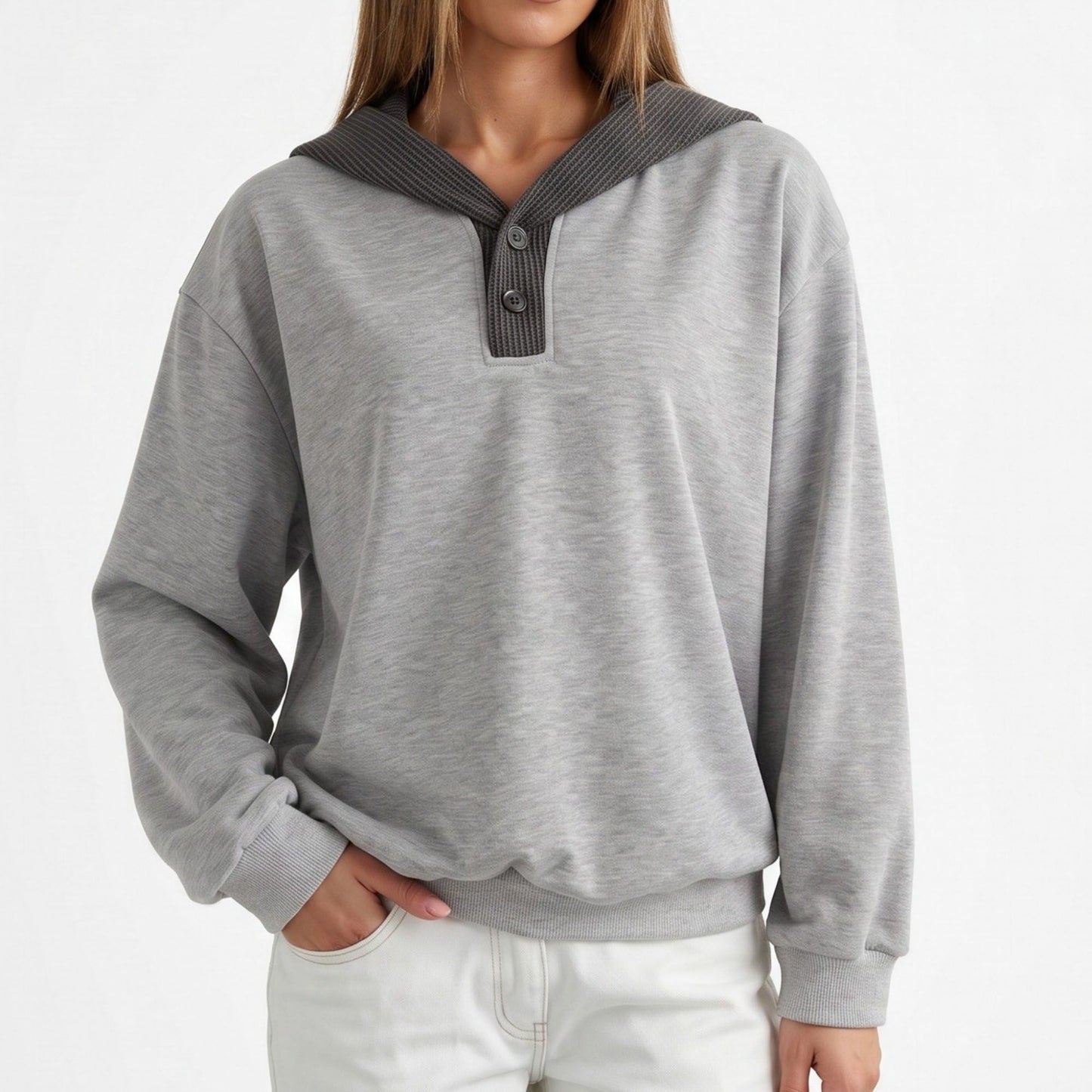 Contrast Collar Henley Long Sleeve Relaxed Pullover Sweatshirt