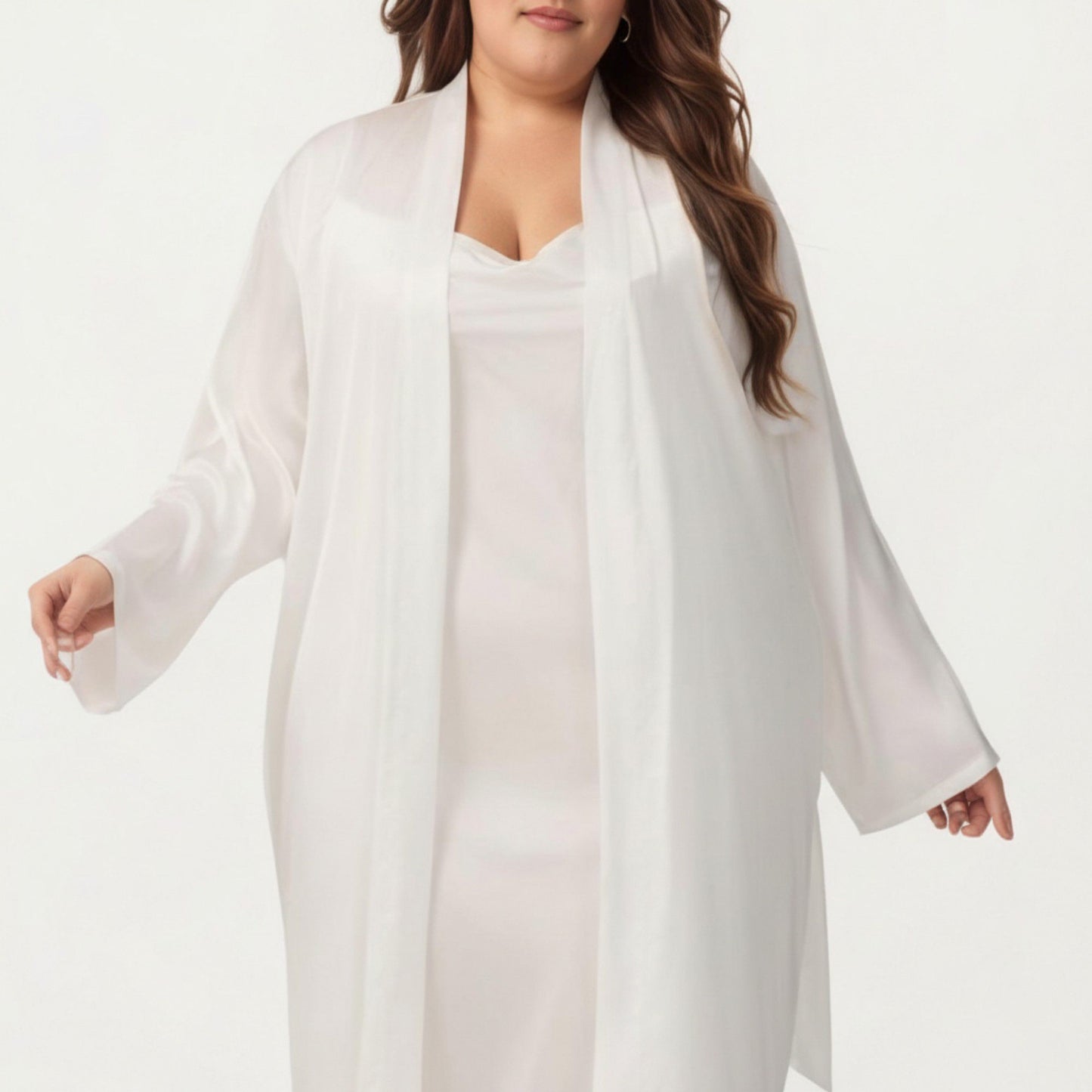 Plus Size 2-Piece Satin Nightgown Set with Long Sleeve Open Front Robe Sleeveless Slip Dress Sleepwear