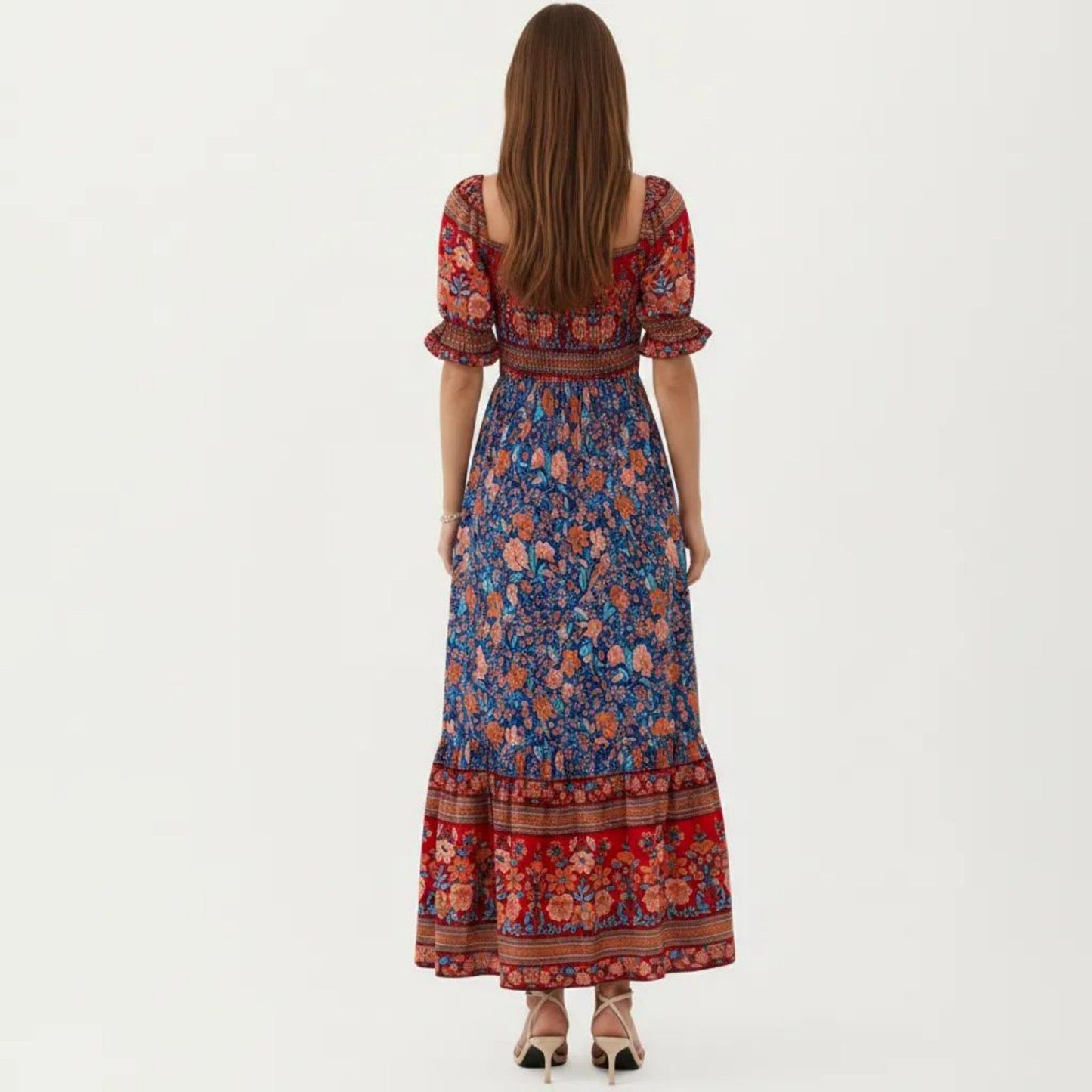 Puff Sleeve Maxi Dress with Mixed Floral Print and Border Hem