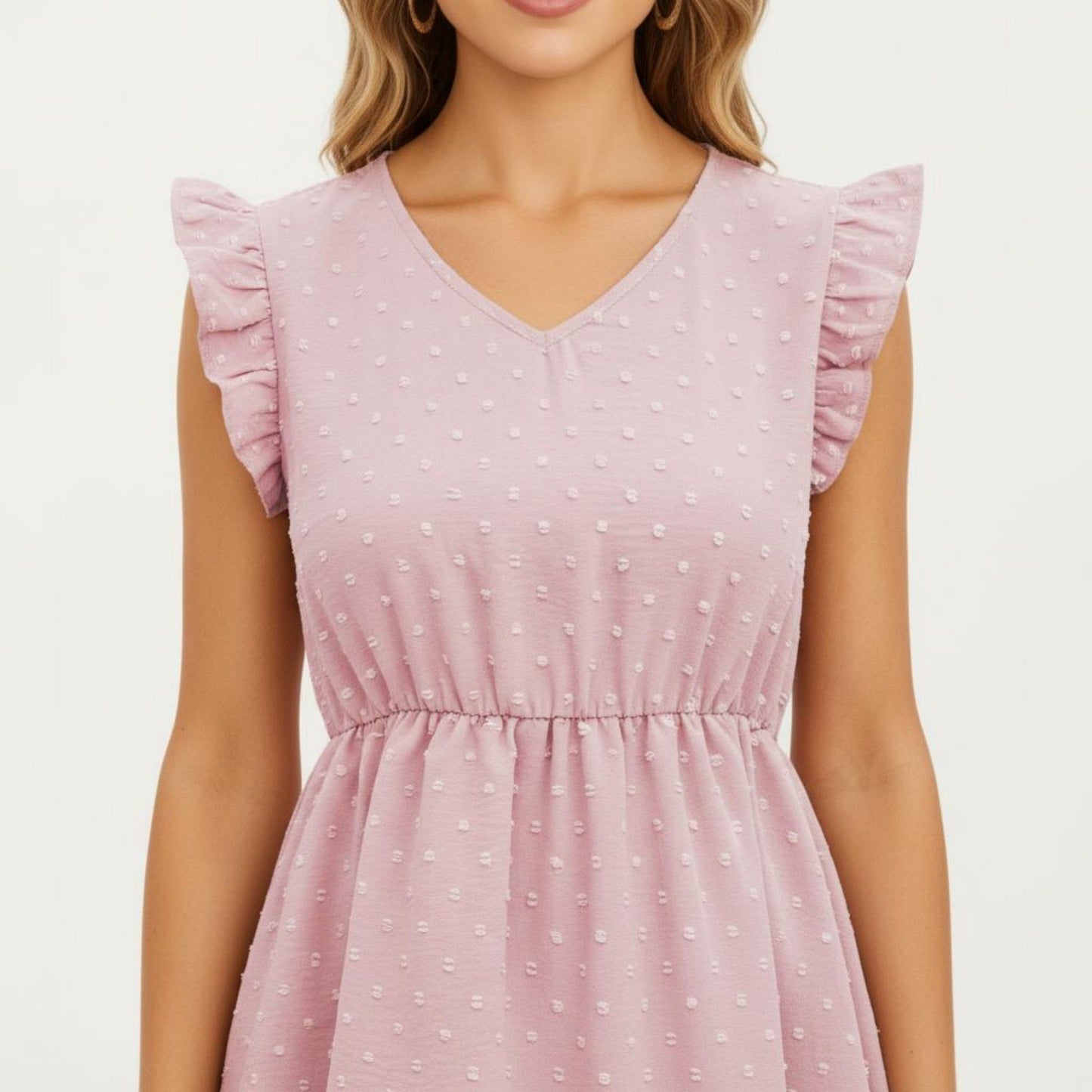 Swiss Dot Babydoll Dress with Ruffle Sleeves and V-Neckline