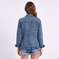 Ruffle Trim Denim Jacket Long Sleeve Button Front Jean Blazer with Collared Neck