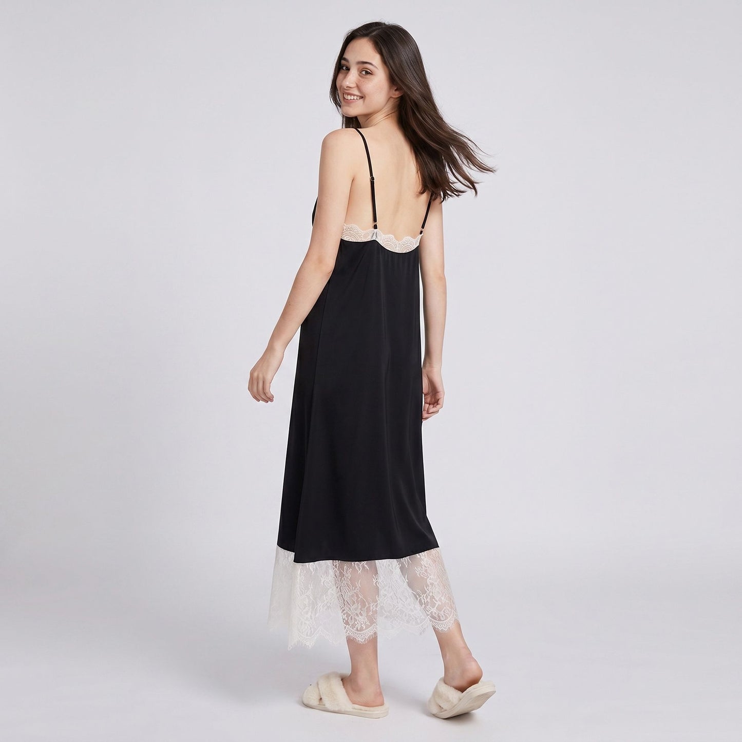 Sleeveless Slip Dress with Lace Trim V Neck and Midi Length