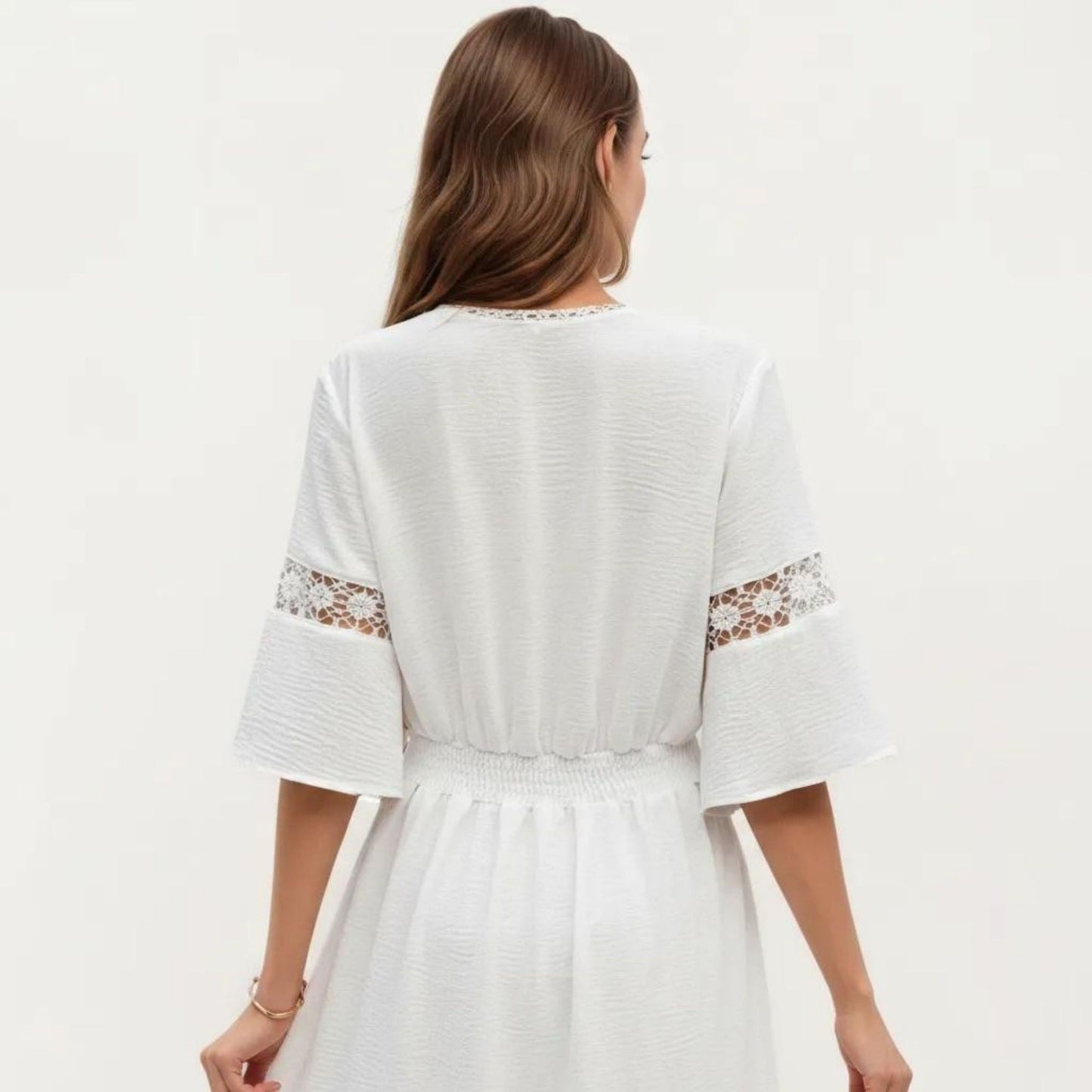 V Neck Midi Dress with Lace Trim Paneling and Short Wide Sleeves Flowing Silhouette