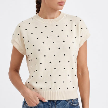 Polka Dot Crewneck Cap Sleeve Knit Sweater Top