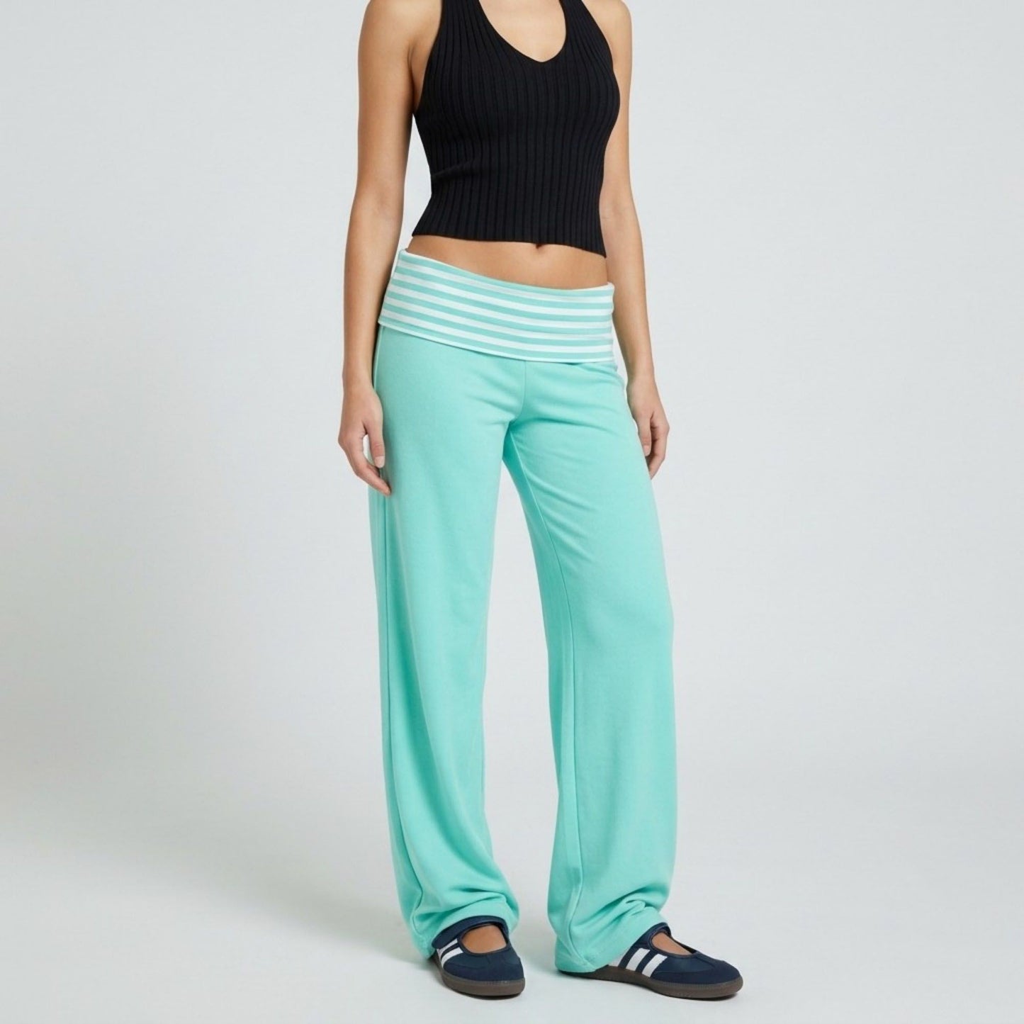 Striped Contrast Foldover Waistband Full-Length Wide-Leg Trousers