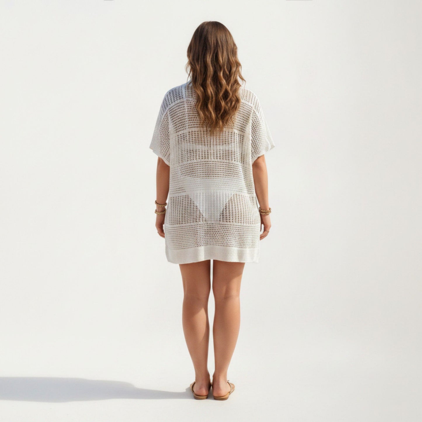 Mesh Swim Cover Up Dress with Open Knit Design Collared Neckline Short Sleeves Relaxed Fit