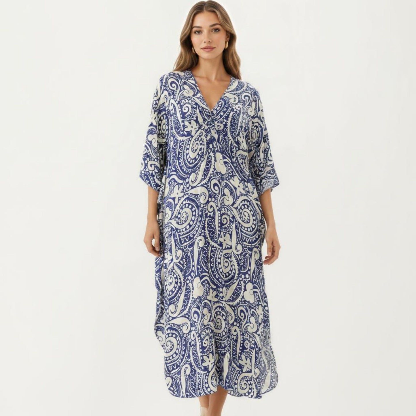 Paisley Print Maxi Dress with V-Neckline Short Sleeves and Relaxed Flowing Silhouette