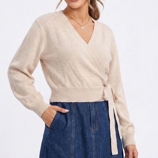 Wrap Front V Neck Side Tie Long Sleeve Knit Sweater