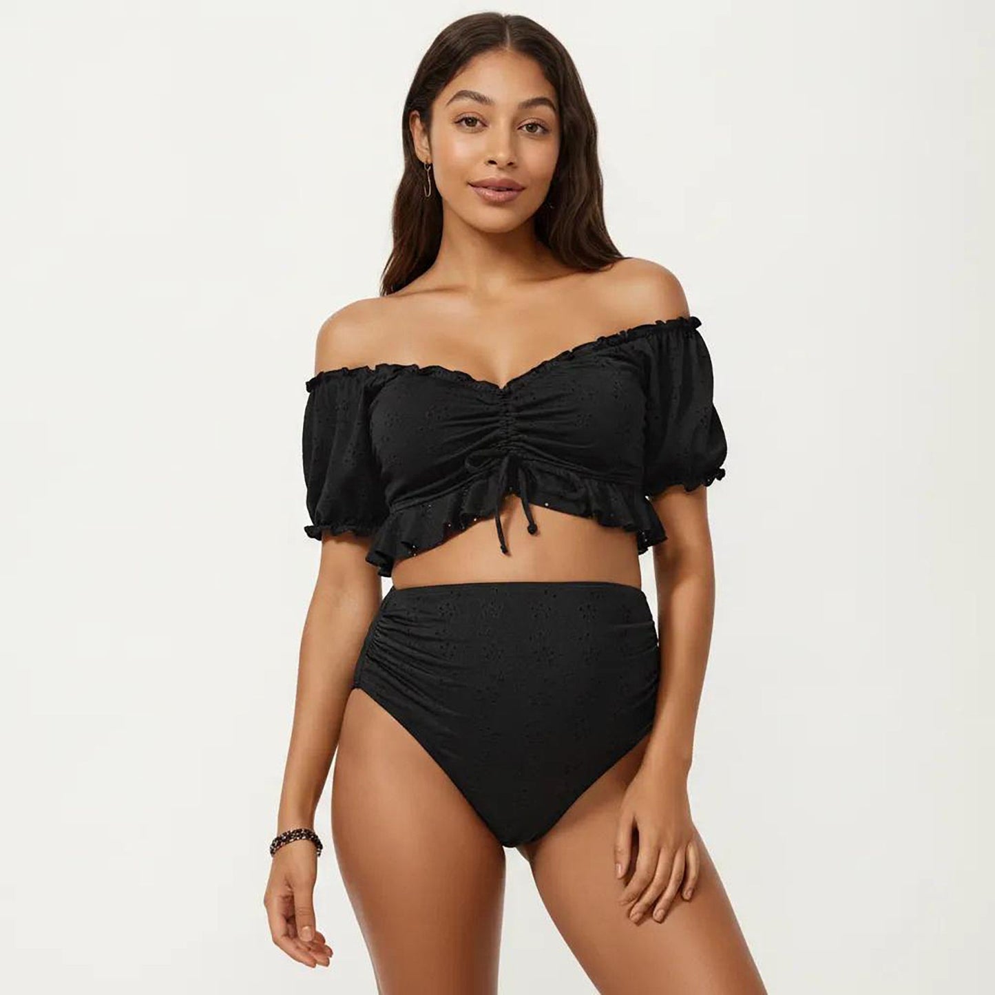 Maternity Off-Shoulder Ruffle Top with High-Waisted Bottom Bikini Set