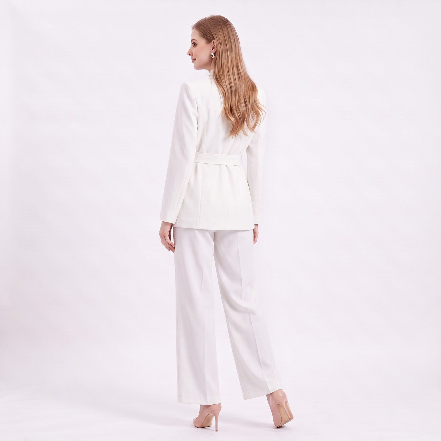 Long Sleeve Blazer and Pants Two Piece Set with Draped Scarf Detail