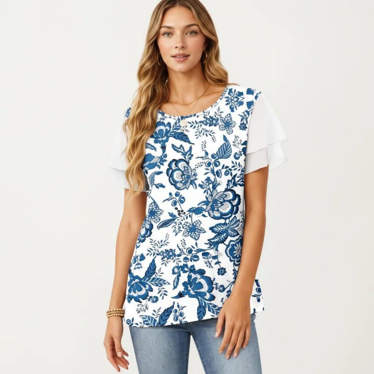 Short Sleeve Top with Leopard Print Mesh Sleeves Round Neck Relaxed Fit Casual Shirt
