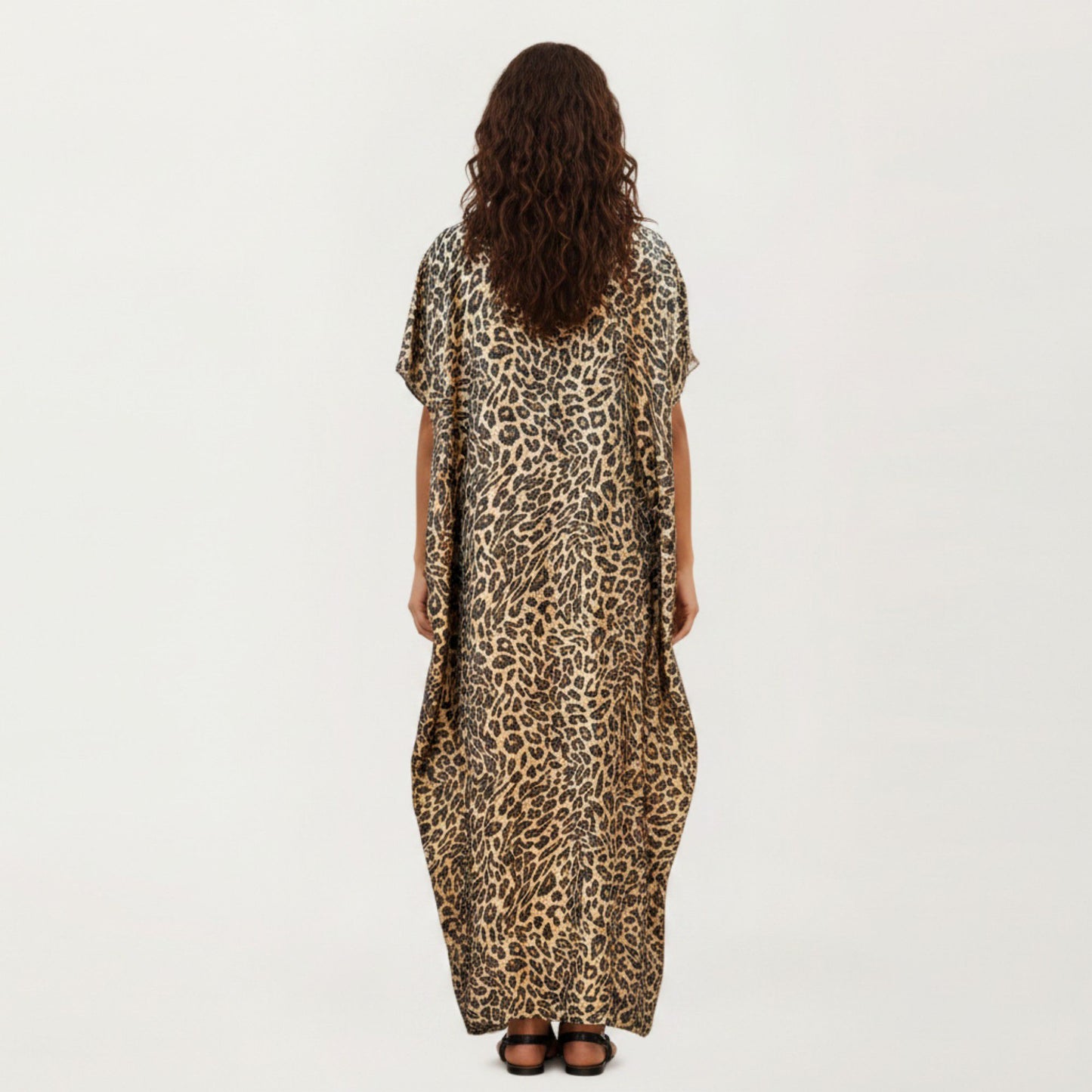 Abstract Print Maxi Kaftan Dress with Contrast Trim and Relaxed Flowy Silhouette
