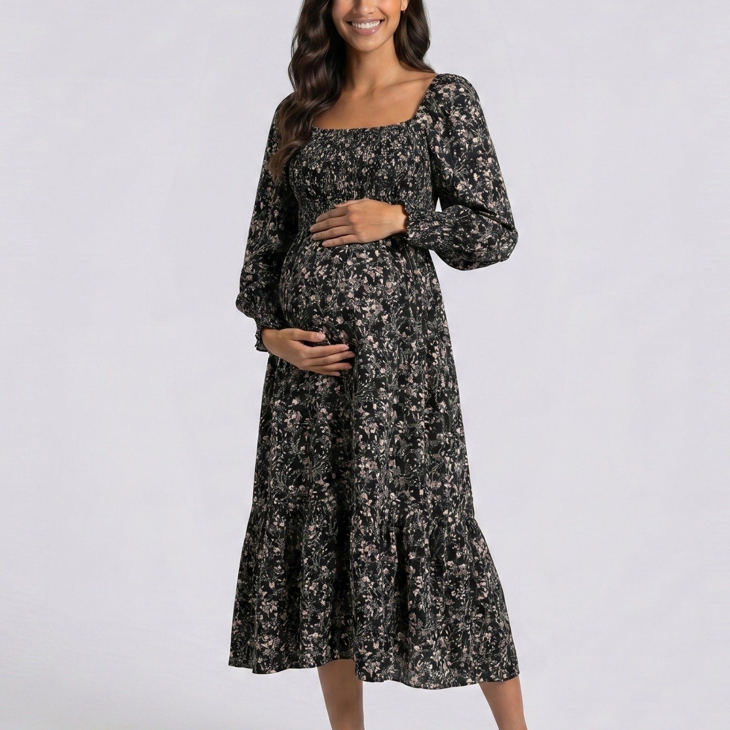 Maternity Floral Square Neck Midi Dress with Long Sleeves and Smocked Bodice