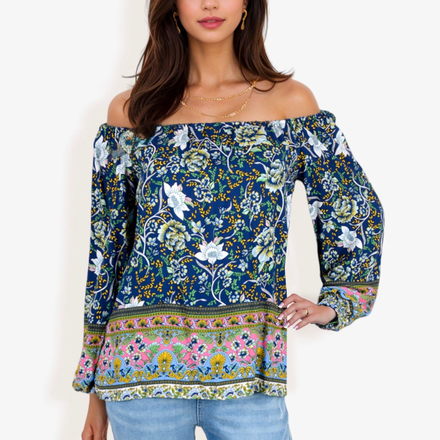 Off Shoulder Floral Print Long Sleeve Bohemian Blouse