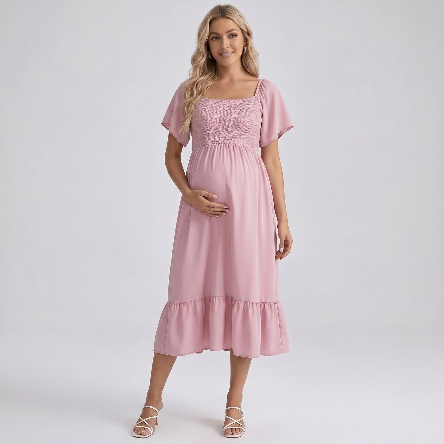 Maternity Off Shoulder Smocked Maxi Dress with Short Sleeves and Flowy Skirt
