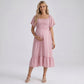 Maternity Off Shoulder Smocked Maxi Dress with Short Sleeves and Flowy Skirt