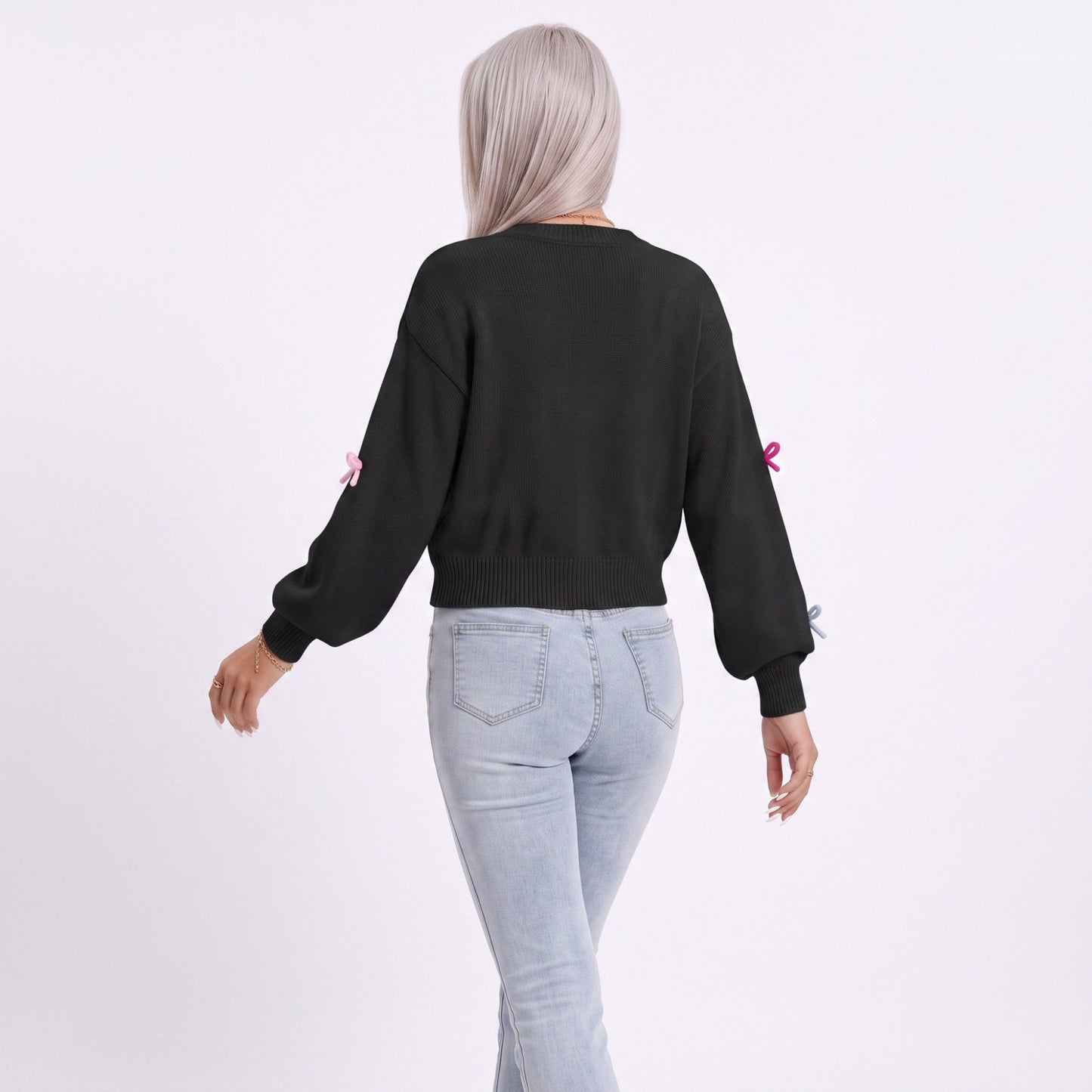 Colorful Bow Crew Neck Long Sleeve Knit Sweater