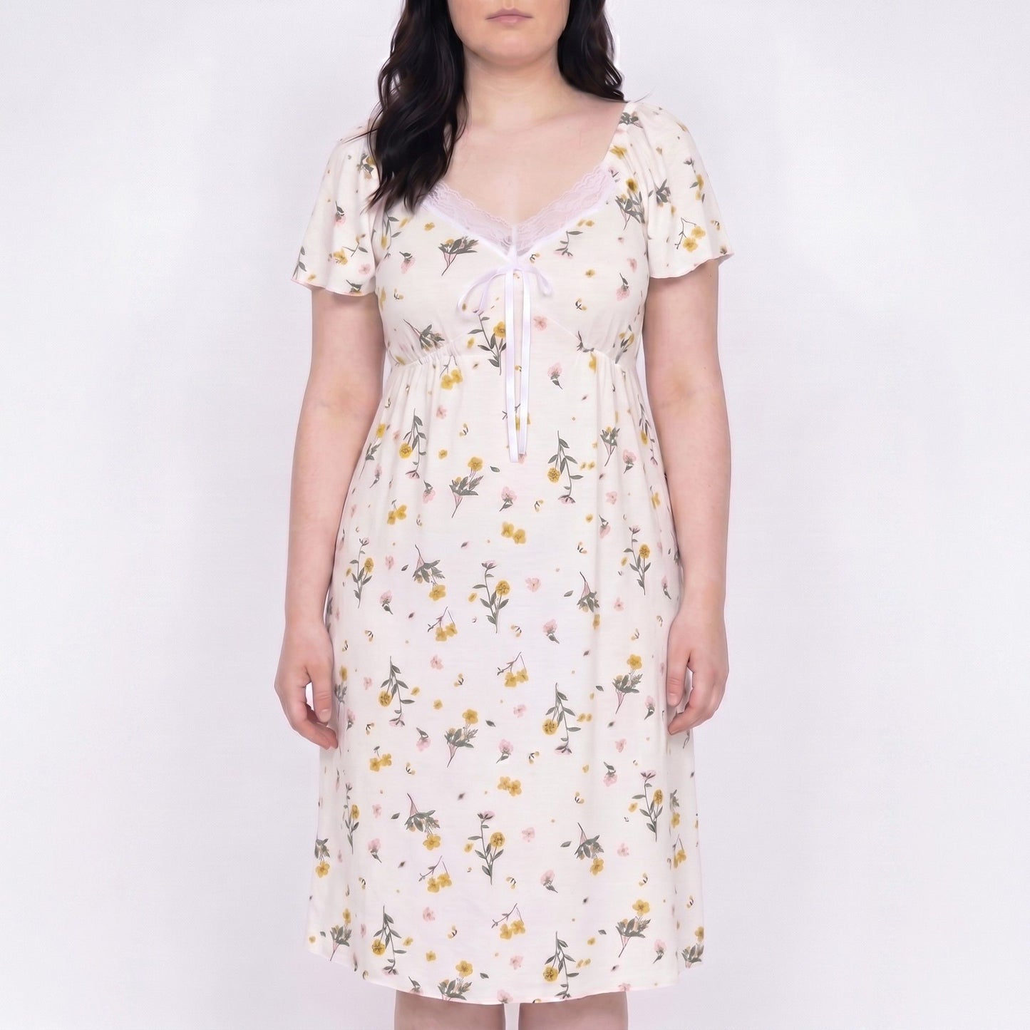 Floral Midi Nightgown Short Sleeve Lace Trim V-Neck Tie Front Sleep Dress