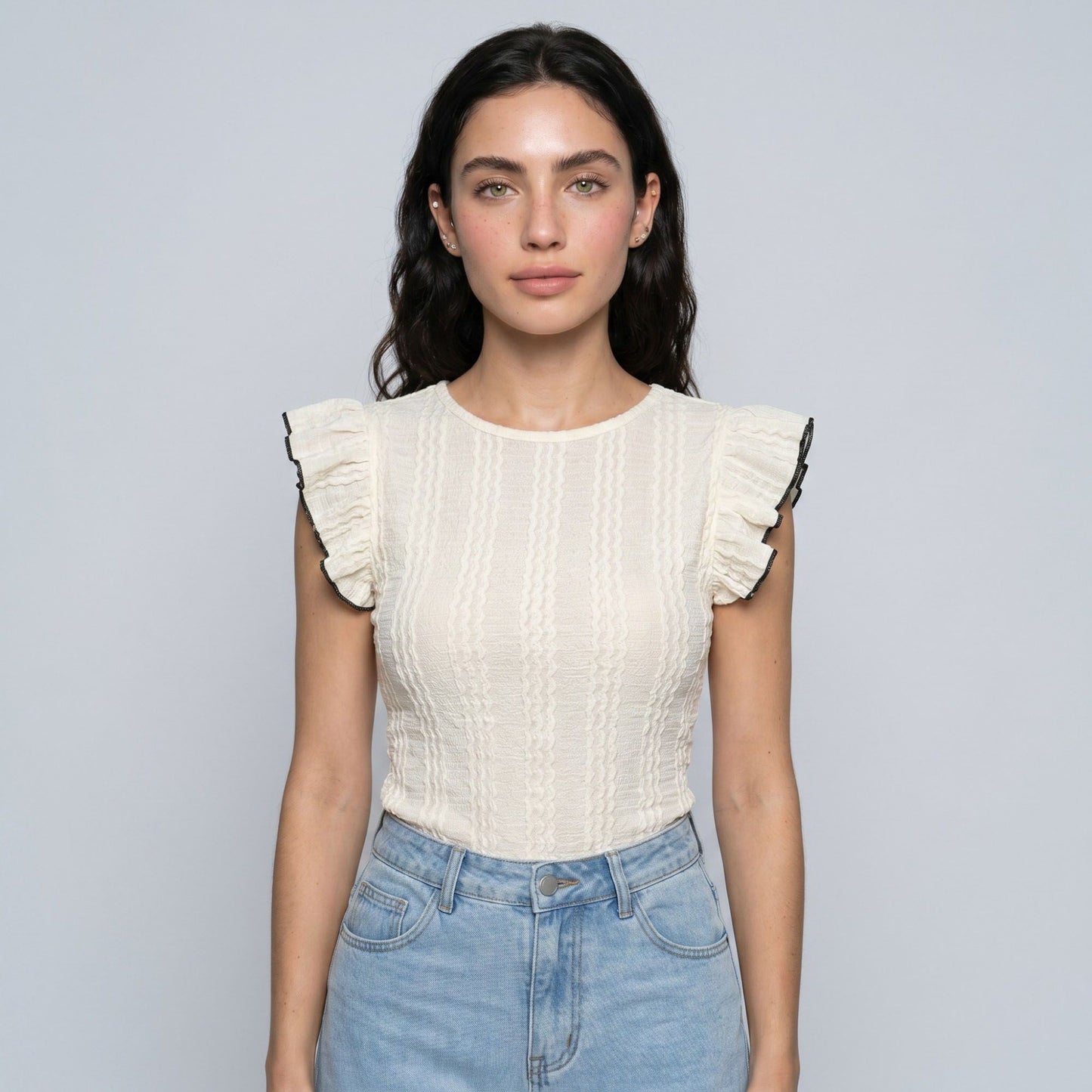 Textured Flutter Sleeve Crewneck Top with Open Back Black Bow Tie