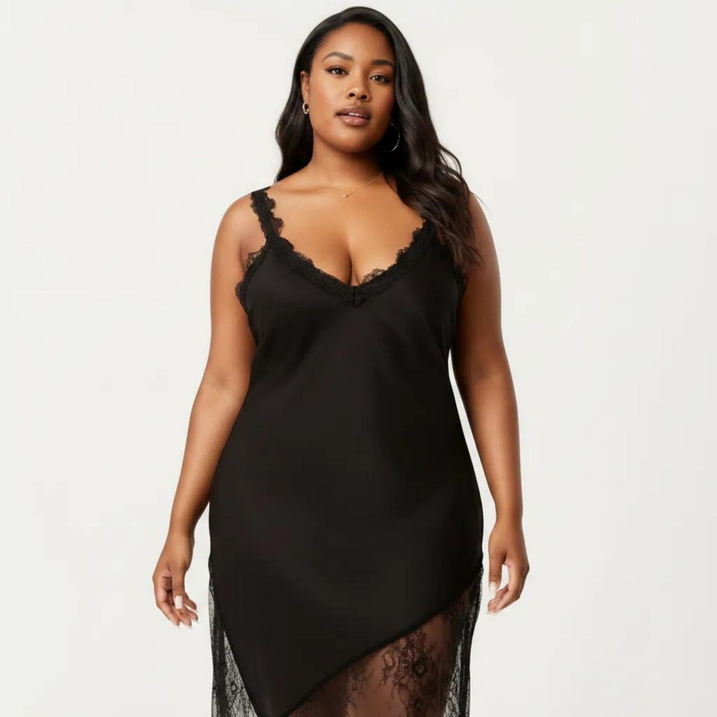 Plus Size Lace Trim Slip Dress Asymmetrical Hem Sheer Mesh Nightgown Sleepwear