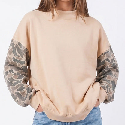 Camo Sleeve Mock Neck Long Sleeve Pullover Sweatshirt