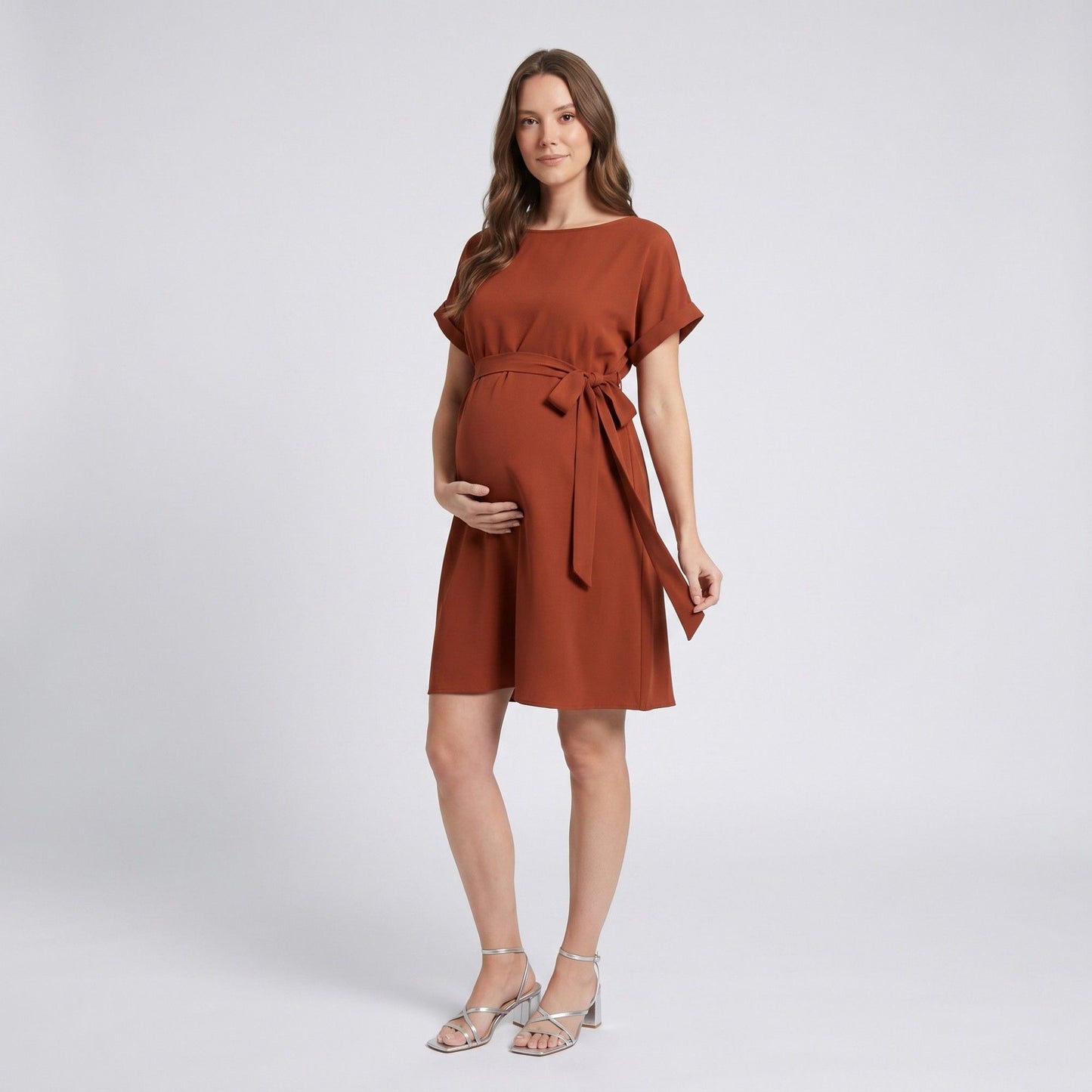 Maternity Short Sleeve Dress with Tie Waist and Relaxed A-Line Fit