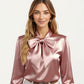 Satin Bow Neck Blouse with Long Puff Sleeves and Wide Cuffs