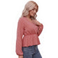 Houndstooth Peplum Blouse V Neck Long Sleeve Top