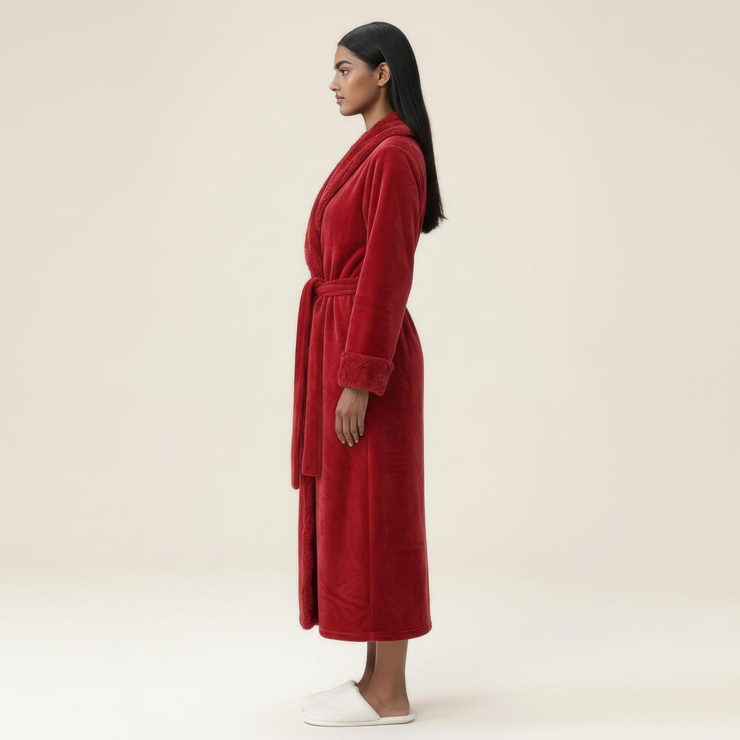Plush Bathrobe with Shawl Collar, Self Tie Belt and Faux Shearling Trim