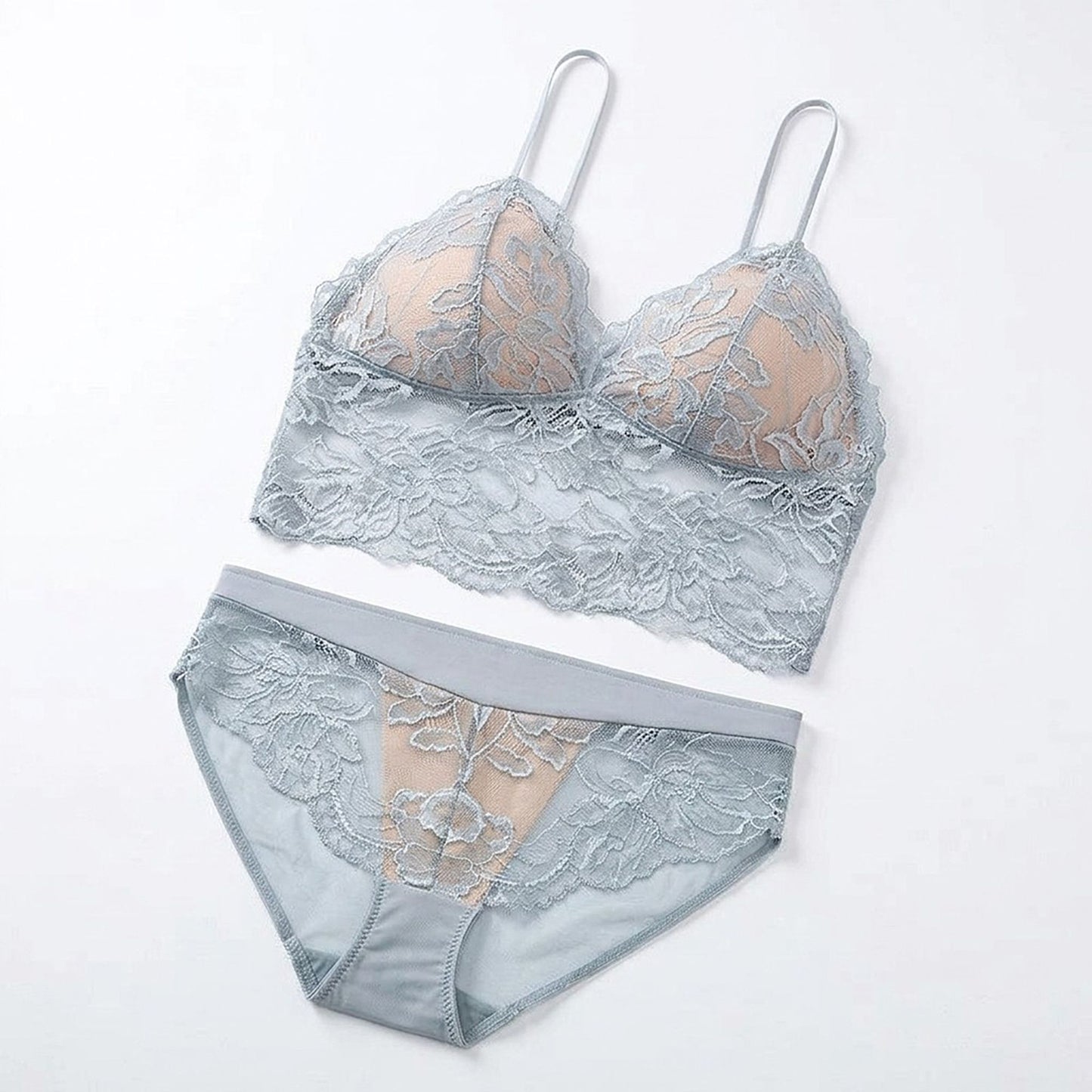 Floral Lace Longline Bralette and Matching Panty Two Piece Lingerie Set