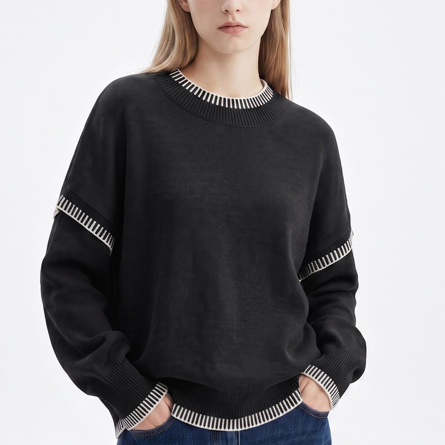 Contrast Stitch Crewneck Long Sleeve Knit Sweater