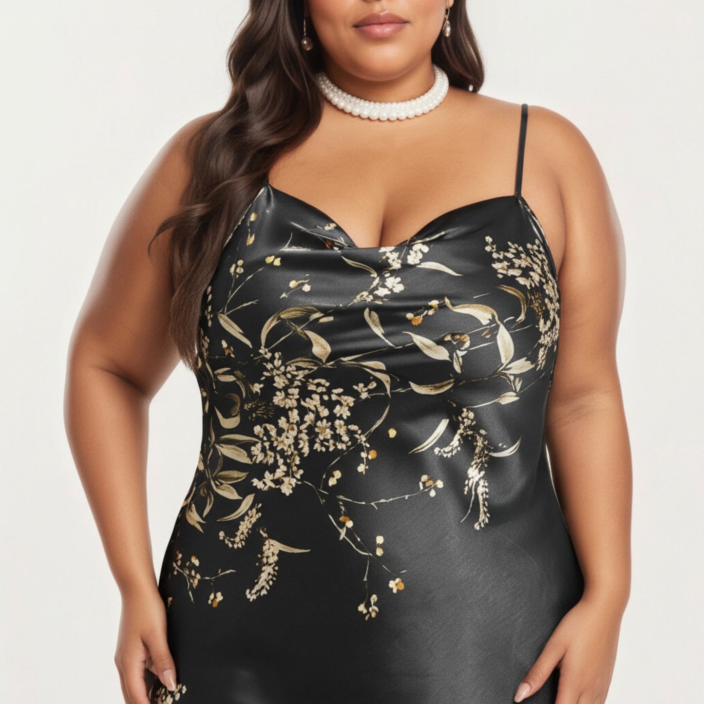Plus Size Satin Floral Slip Nightgown with Adjustable Spaghetti Straps Cowl Neck Midi Length Sleepwear Dress