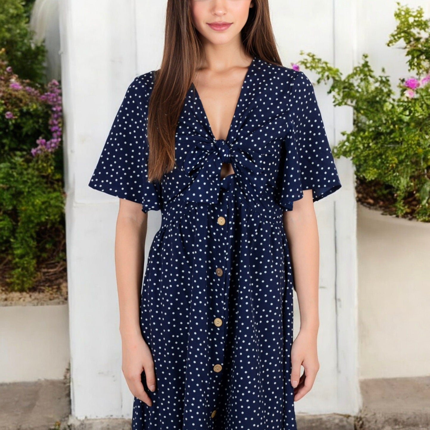 Polka Dot Midi Dress with Front Tie and Short Sleeves