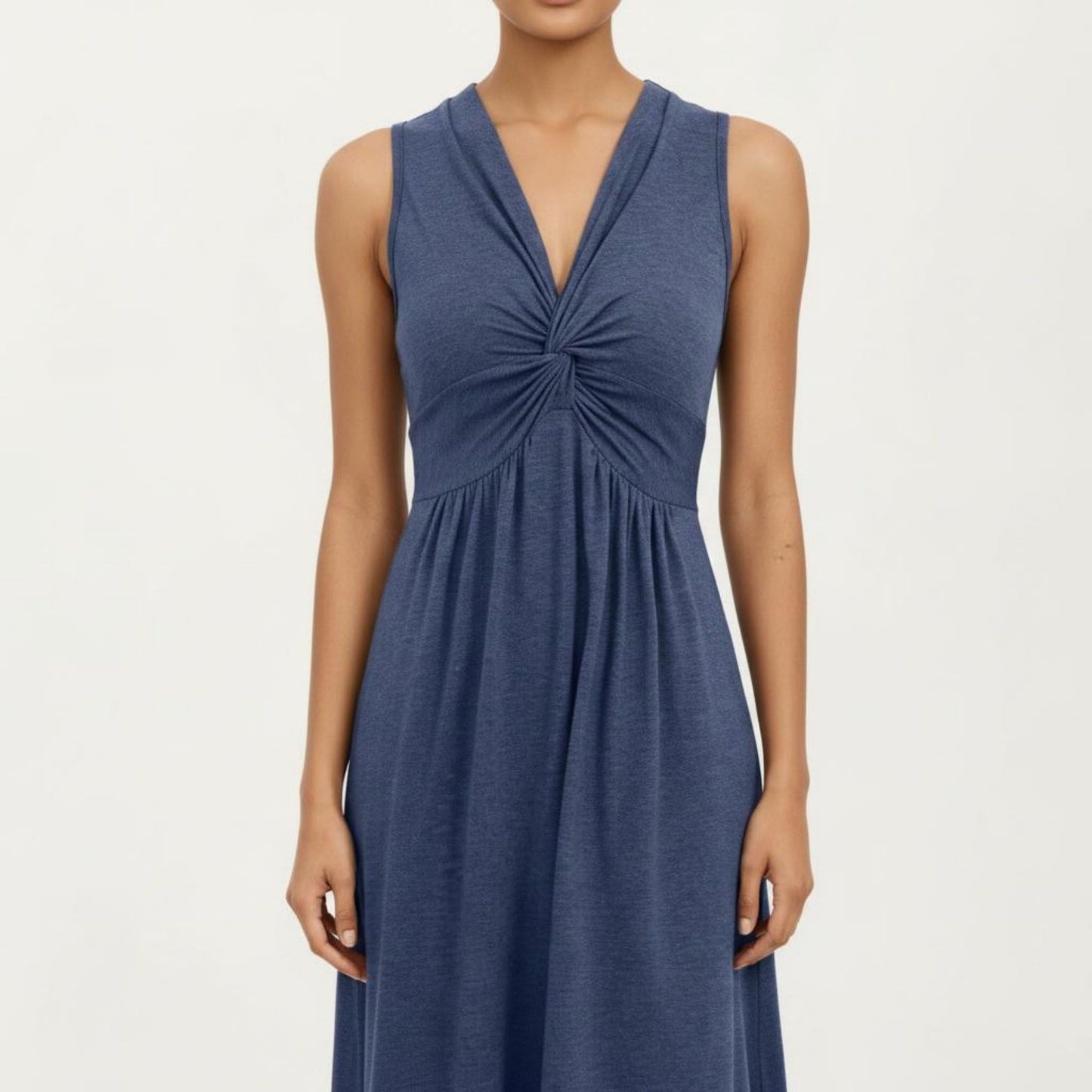 Sleeveless V Neck Midi Dress with Front Twist Detail and Flowy A Line Silhouette