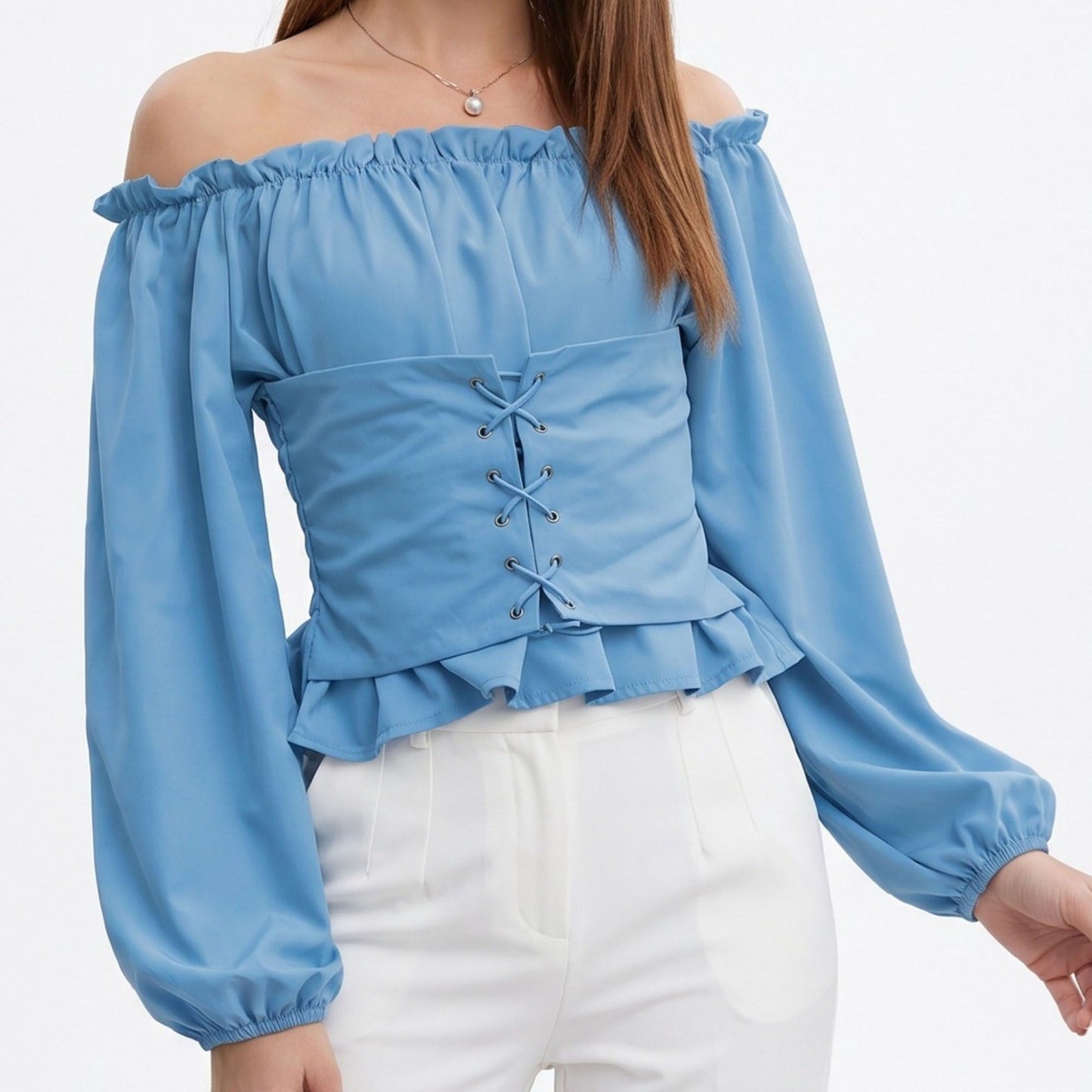 Off Shoulder Lace Up Corset Long Sleeve Peplum Blouse