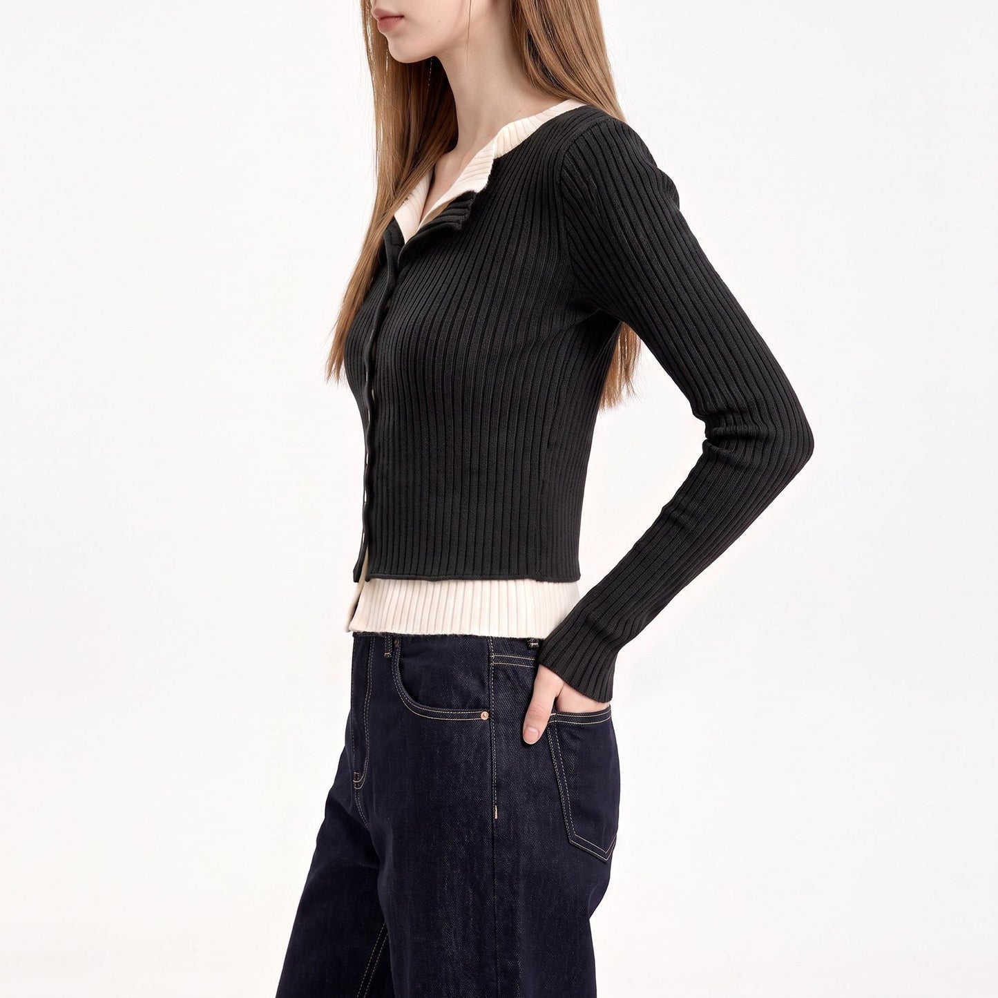 Layered Collar Ribbed Button-Front Cardigan Sweater
