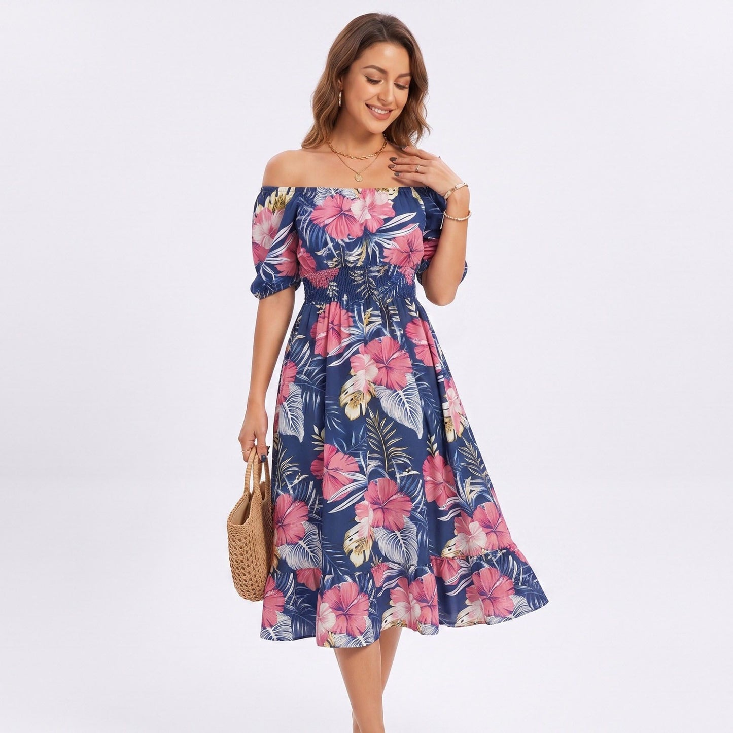 Tropical Floral Square Neck Smocked Waist Midi Dress