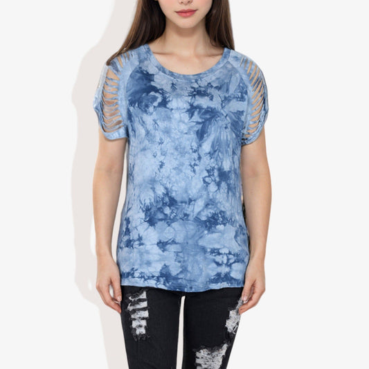 Short Sleeve Tie-Dye Top with Cut-Out Shoulder