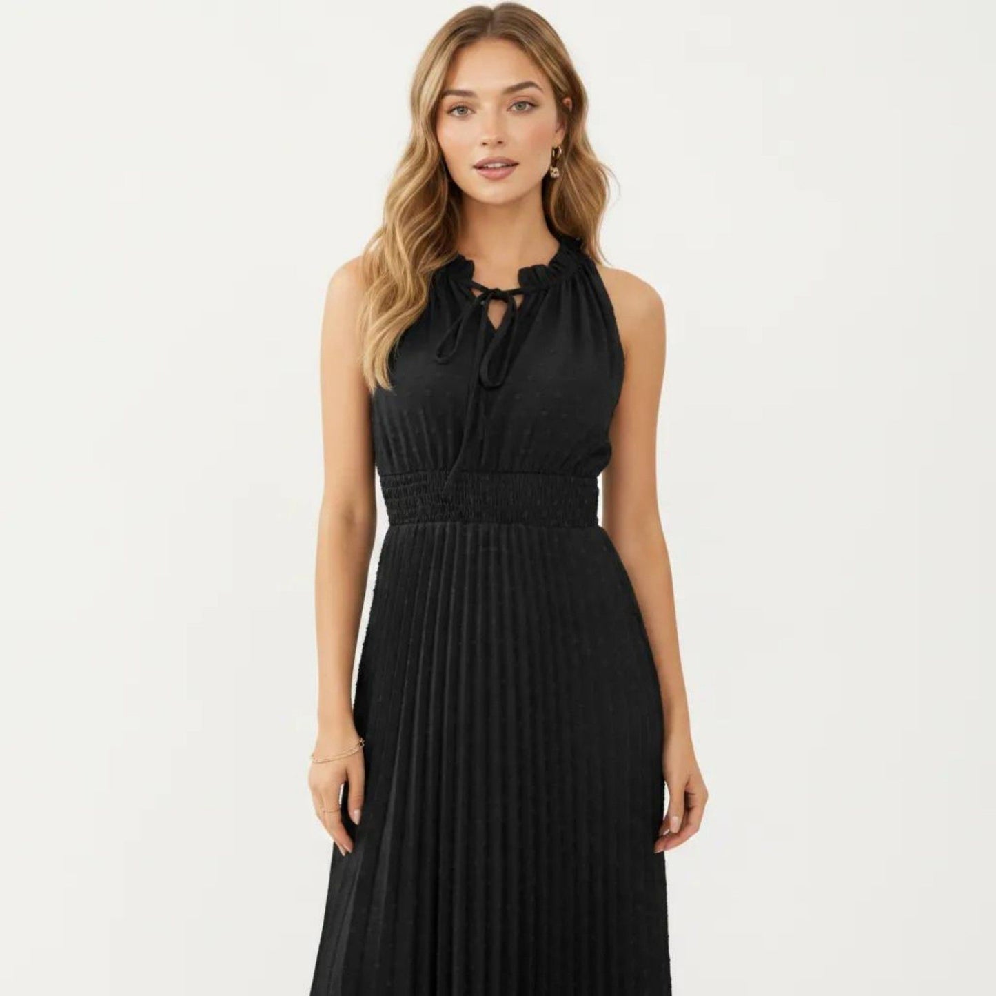 Sleeveless Midi Dress with Pleated Skirt and Tie Neck Detail