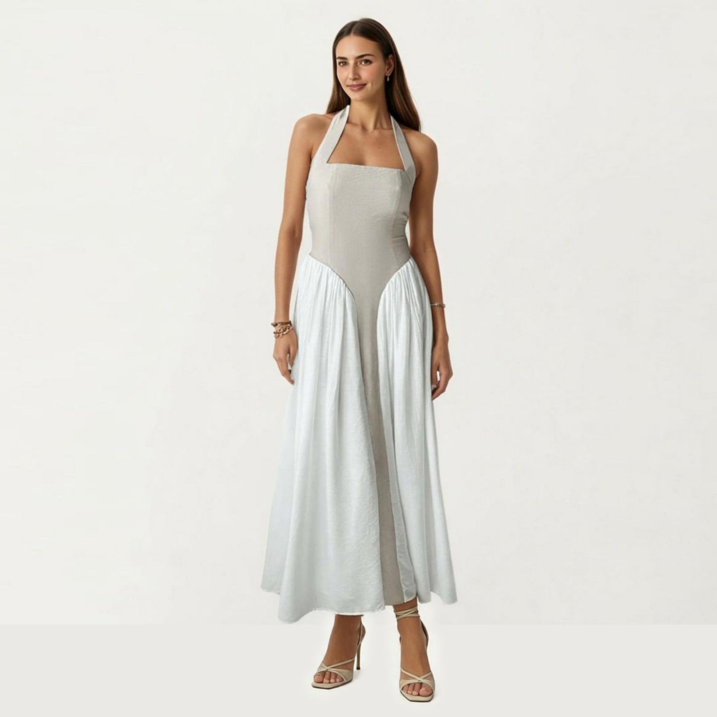 Color Block Halter Neck Smocked Back Maxi Dress