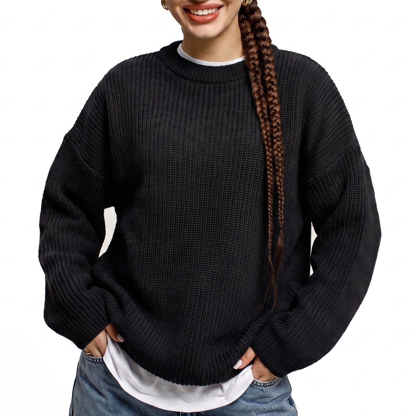 Oversized Chunky Knit Crewneck Pullover Sweater