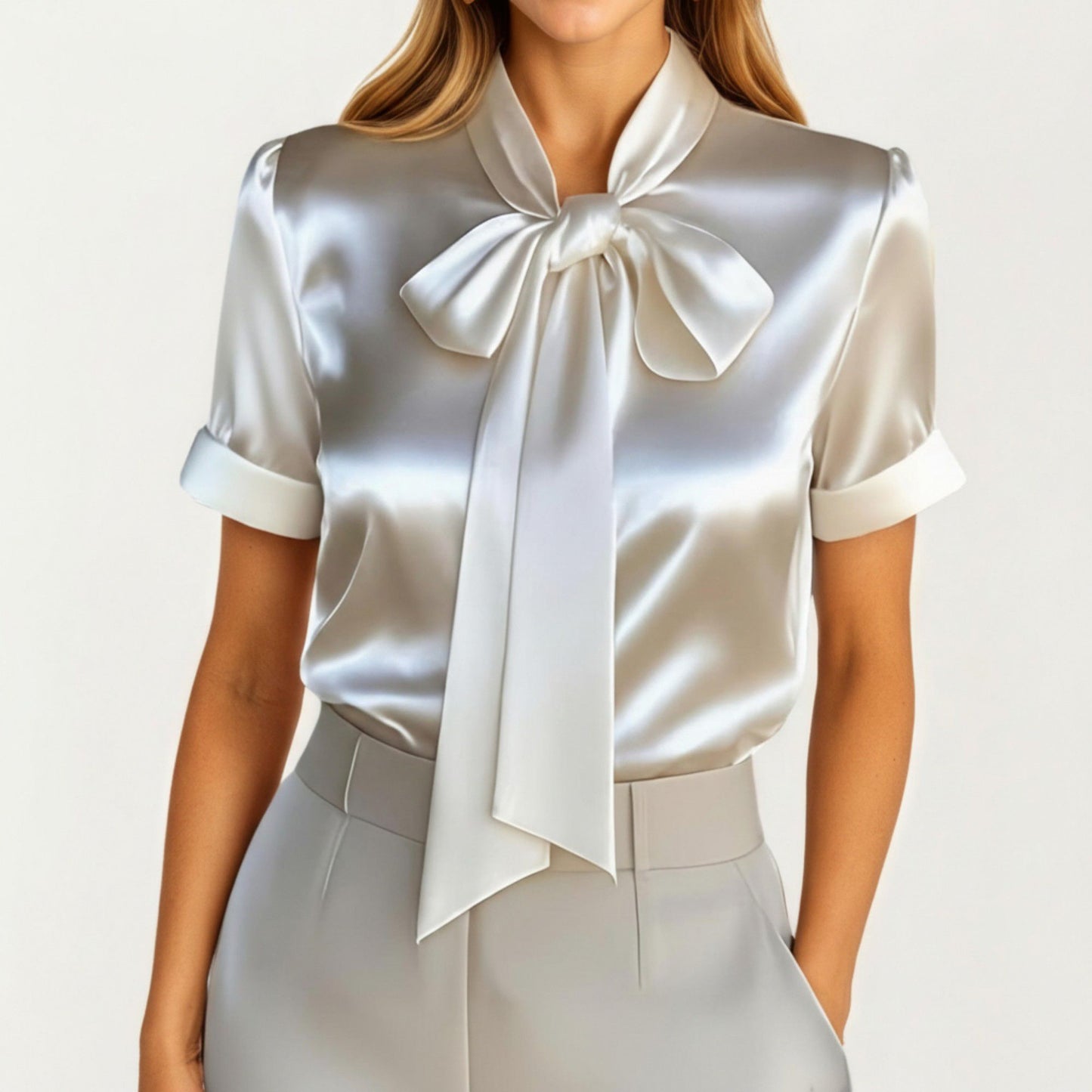 Satin Bow Neck Blouse with Short Sleeves and Smooth Draped Finish