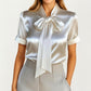 Satin Bow Neck Blouse with Short Sleeves and Smooth Draped Finish