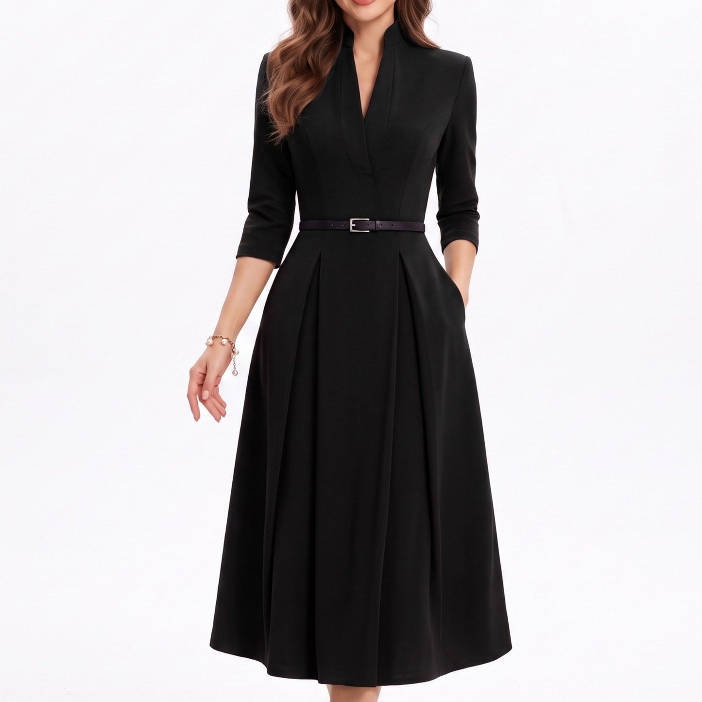 Three Quarter Sleeve Belted Midi Dress with Pleated A Line Skirt