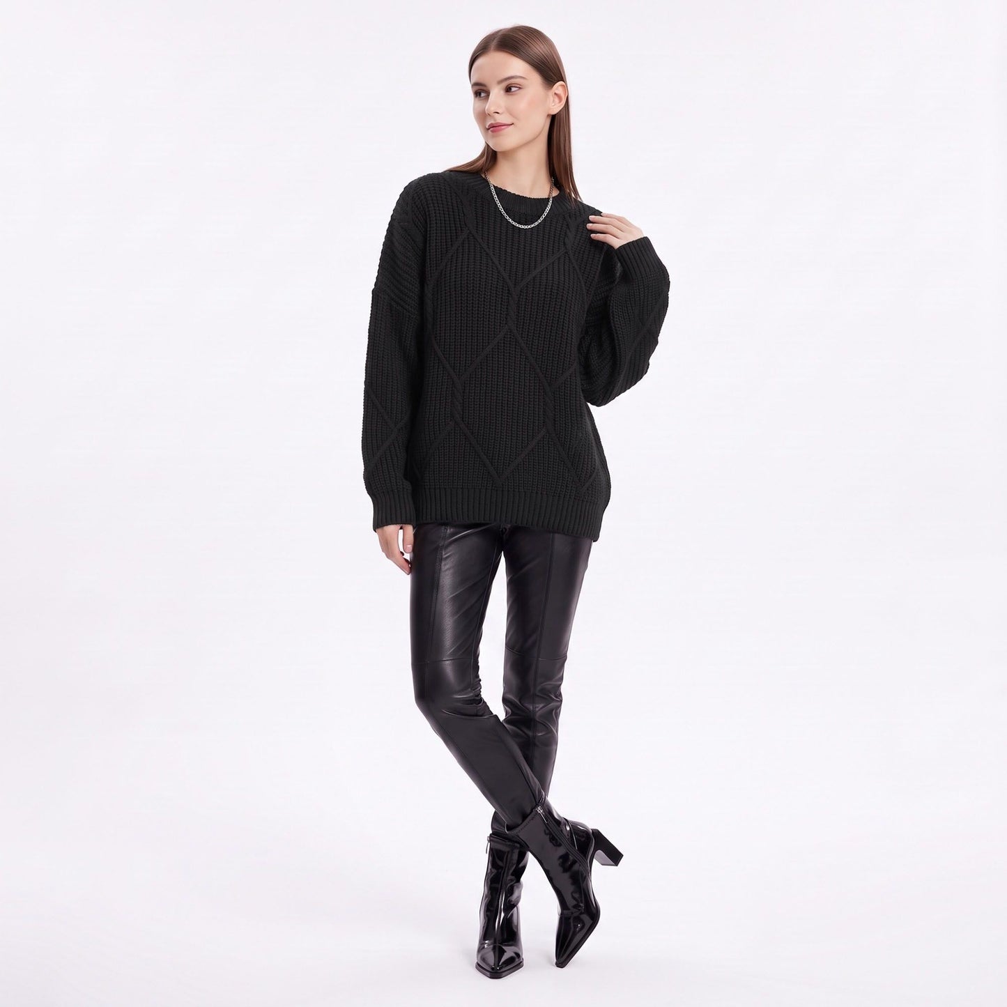 Geometric Textured Crewneck Pullover Sweater