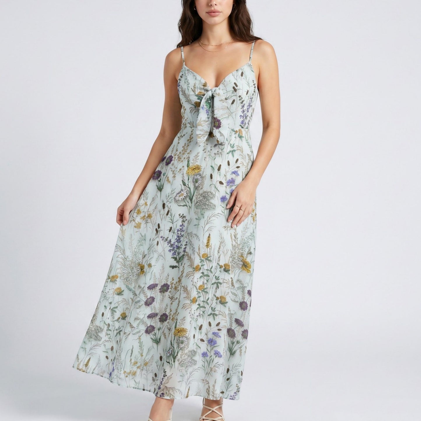 Floral Print Tie Front Maxi Dress with Spaghetti Straps and Flowy Skirt
