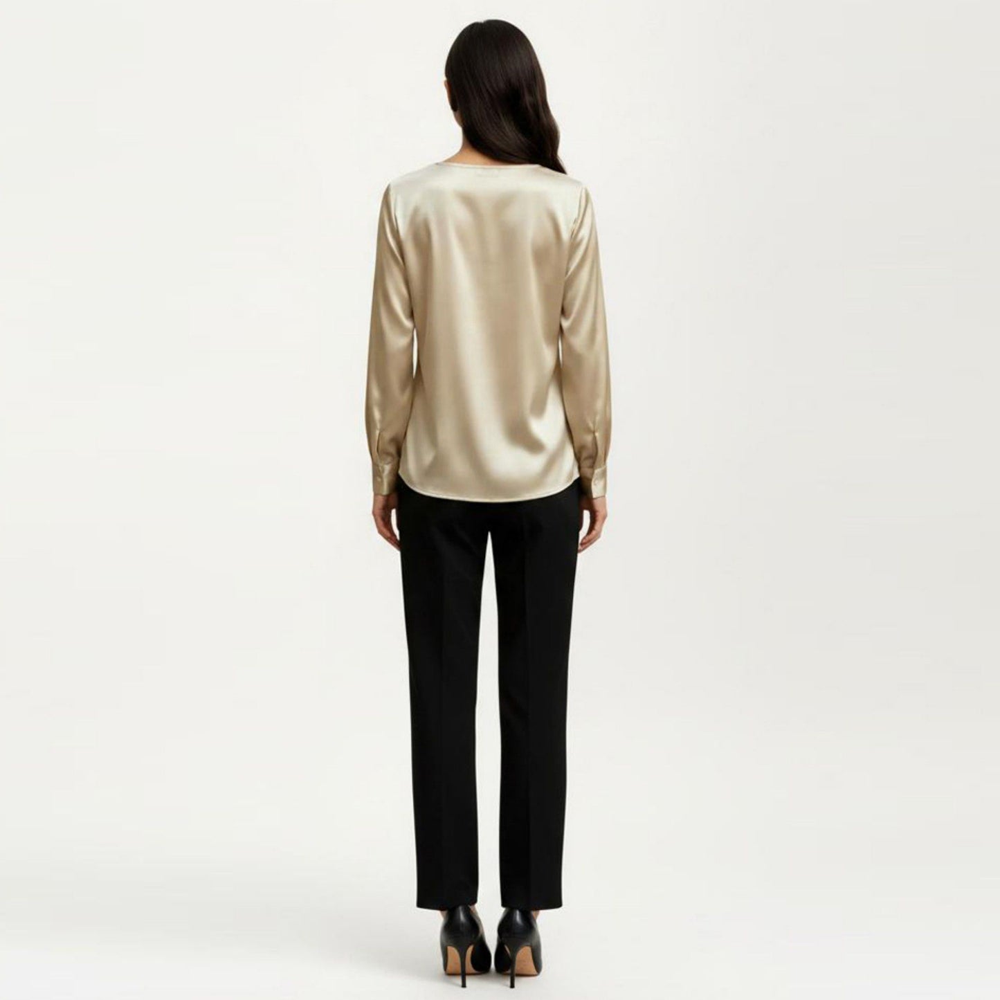 Satin V-Neck Blouse with Long Balloon Sleeves and Wide Cuffs