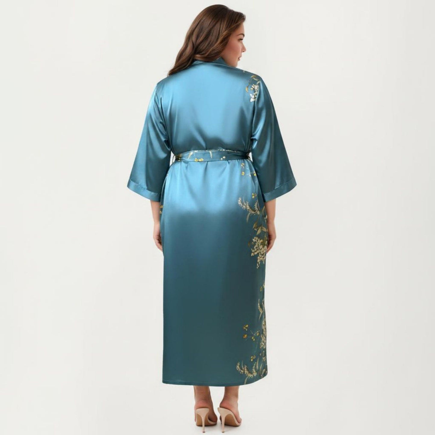 Plus Size Satin Floral Kimono Robe with Self Tie Belt Longline Open Front Lightweight Sleepwear