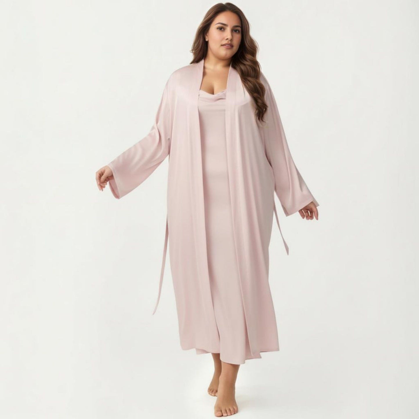 Plus Size 2-Piece Satin Nightgown Set with Long Sleeve Open Front Robe Sleeveless Slip Dress Sleepwear